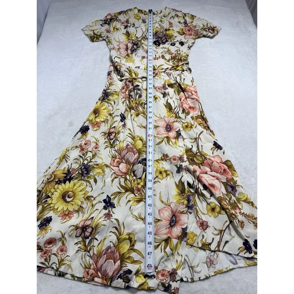 Anthropologie Floral V-Neck Wrap Maxi Dress Sz Sm Ivory Orange 30420T Spring
